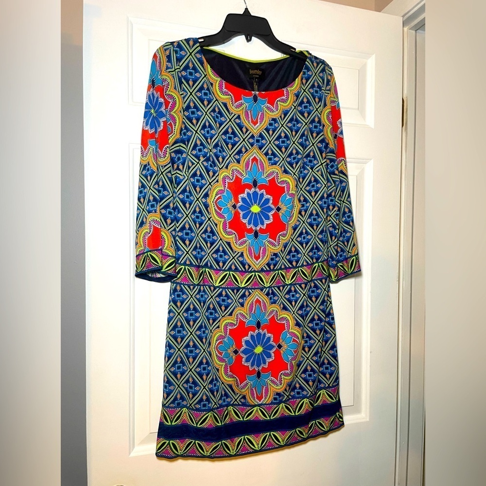 Laundry By Shelli Segal Woman’s Print Dress Size Small Blue Lime Pink 3/4 Sleeve